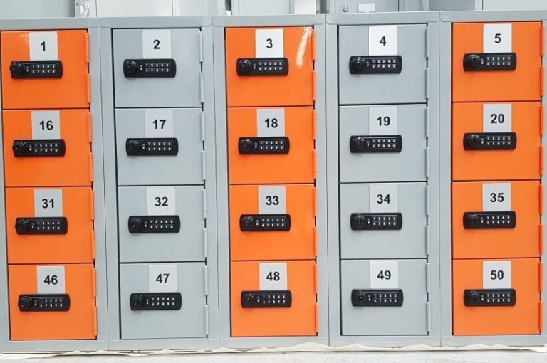 Orange and silver, small, square lockers with black number locks