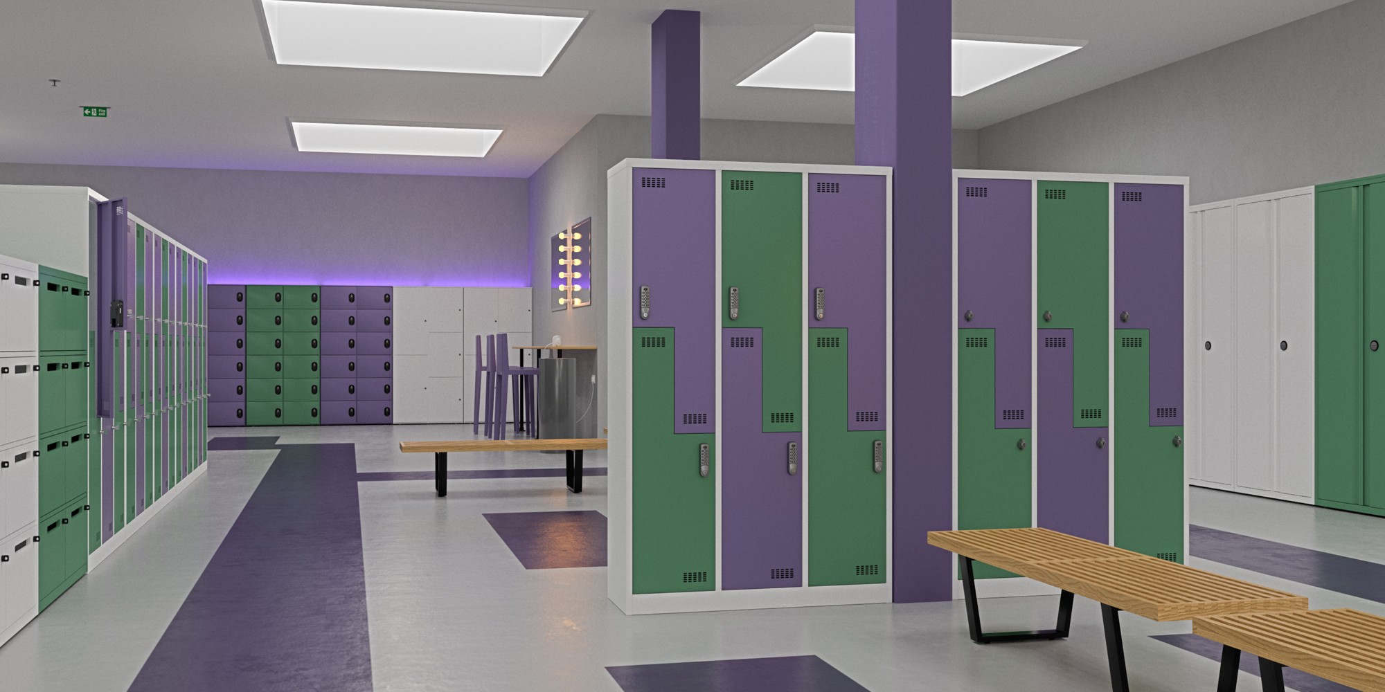 locker room with purple and green lockers