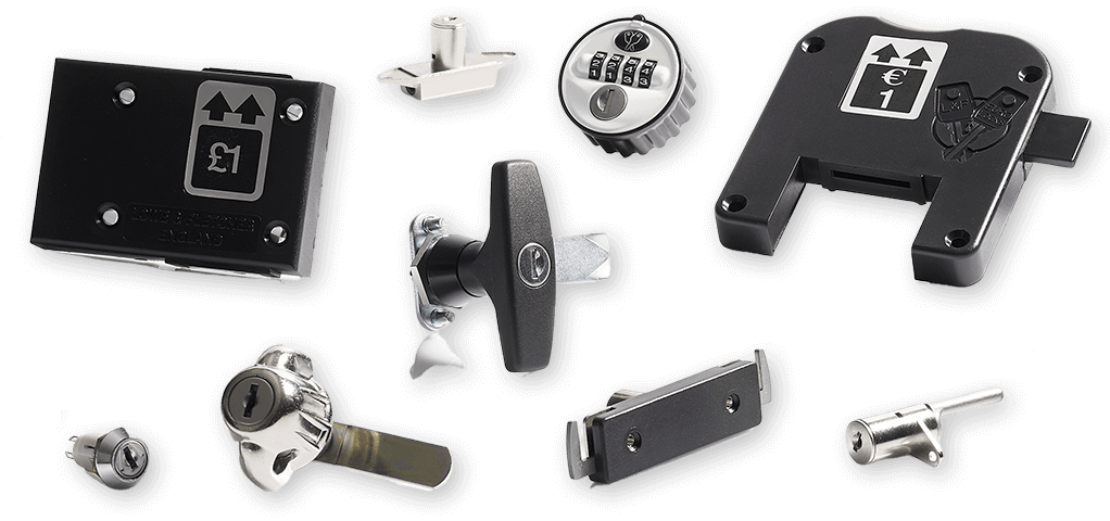 Examples of different locks including coin locks, handles, cam locks and combination locks