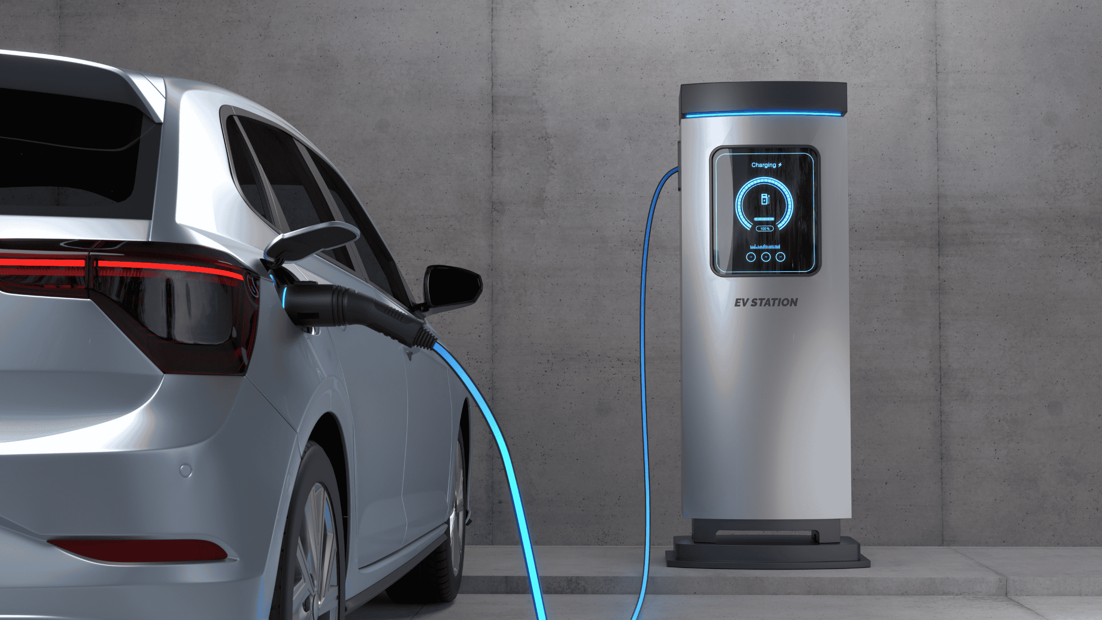 an electric car is plugged into an electric charging station